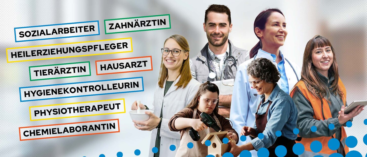 Collage von mehreren Personen in Berufskleidung. Text: Sozialarbeiter, Zahnärztin, Heilerziehungspfleger, Tierärztin, Hausarzt, Hygienekontrolleurin, Physiotherapeut, Chemielaborantin